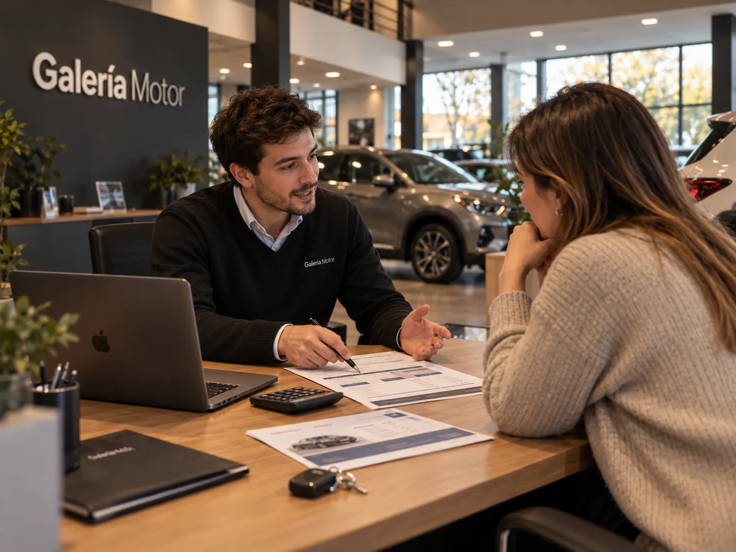Asesor de Galería Motor repasando una propuesta de financiación en el escritorio del salón