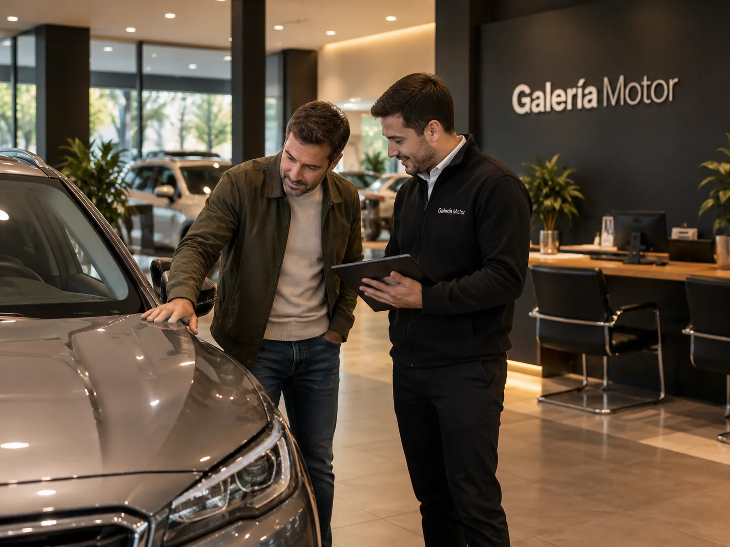 Asesor de Galería Motor revisando un auto junto a su dueño, con una tablet