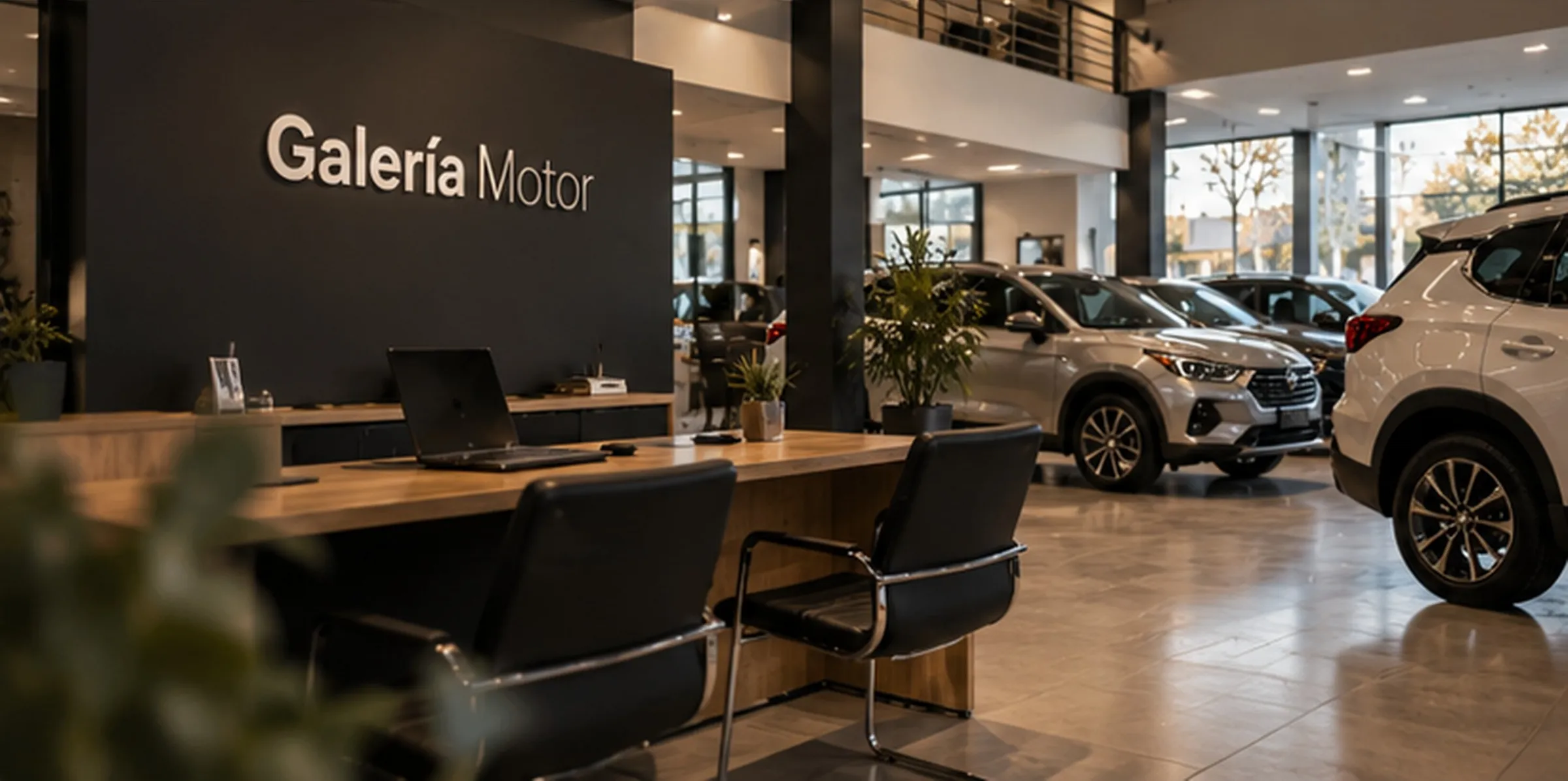Salón de Galería Motor: recepción con el cartel de la marca y autos en exhibición